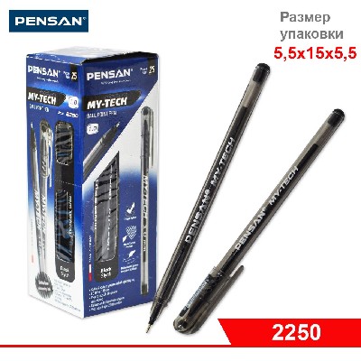 Ручка PENSAN MY-TECH шариковая, ЧЁРНАЯ, прозрачный корпус, 1 мм
