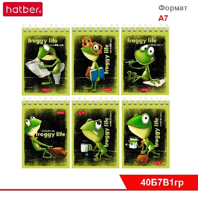 Блокнот 40л А7ф клетка 65г/кв.м Обл. мел.картон на гребне серия -Лягух Кир-