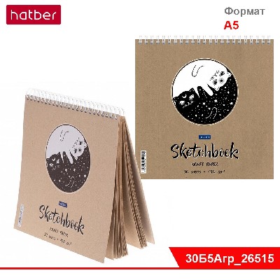 Блокнот SketchBook 30л А5ф КРАФТ без линовки жесткая подложка на гребне-День-ночь-