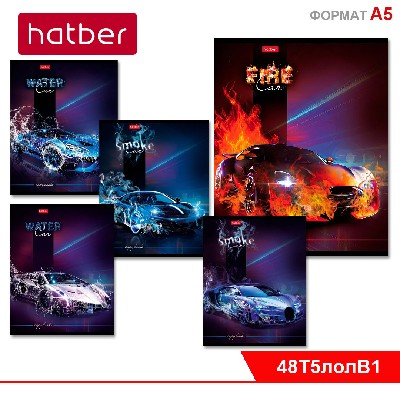 Тетрадь 48л А5ф клетка на скобе мат.ламин. 3D лак 5 диз.в блоке скругл.углы серия -АвтоСтихии-