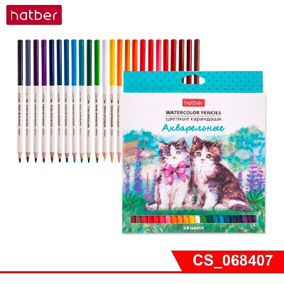 Карандаши цветные Hatber Акварель круглый корпус 24 цв. с заточ.   в карт.короб. с европодвесом