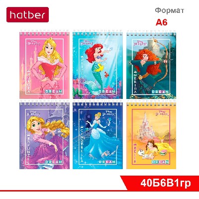 Блокнот 40 л, А6ф, клетка, Обл. мелованный картон, УФ-лак, на гребне, серия «Принцессы»( DISNEY)