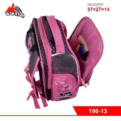 Рюкзак каркасный Across, 37х27х14 + мешок для обуви для девочки, серый/розовый