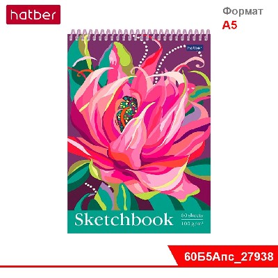 Блокнот SketchBook 60л А5ф без линовки Пластиковая обложка на пластик.спирали -Flower-