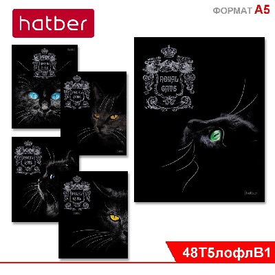 Тетрадь 48л А5ф клетка на скобе мат.ламин. 3D фольга 5 диз.в блоке серия -Royal Cats-