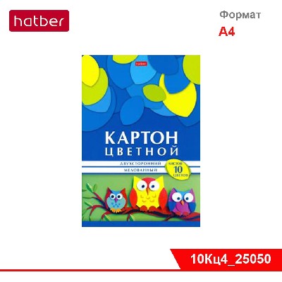 Набор картона цветной Мелованный Двухсторонний 10л10цв. А4ф в папке-Геометрия цвета-Совушки