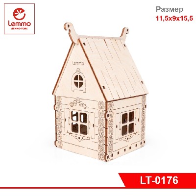 Модель из дерева Избушка, 12 деталей, размер 115х90х155 мм.