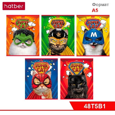 Тетрадь 48л А5ф клетка на скобе 5 диз.в блоке скругл.углы серия -Supercat-