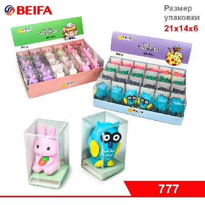 Точилка+ластик: "ЗАЙКА" и"СОВА" /ассорти/ в  индивидуальной пластиковой упаковке BEIFA