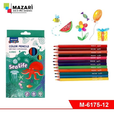Карандаши цветные пластиковые SEA LIFE, Jumbo, 12 цв., трехгранный корпус, d грифеля = 4 мм,