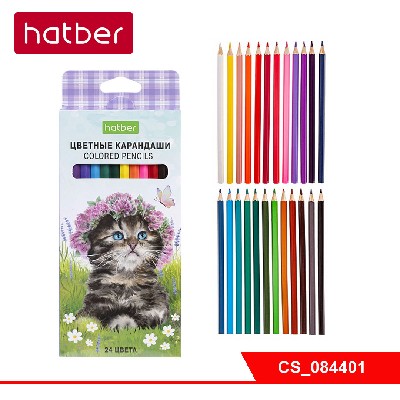 Карандаши цветные "ECO" 24 цв. -Котики бывают разными- заточен.  в карт. короб. с европодвесом