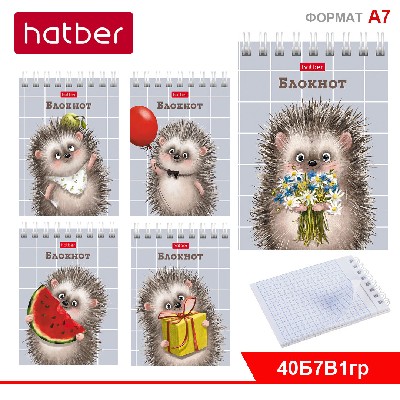 Блокнот 40л А7ф клетка 65г/кв.м Обл. мел.картон на гребне серия  -Хорошо быть ёжиком-