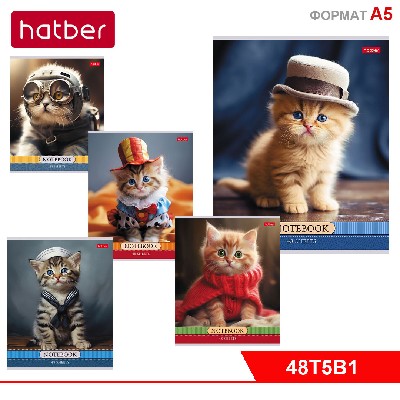 Тетрадь 48л А5ф клетка 65г/кв.м на скобе 5 диз.в блоке скругл.углы серия -Котики-артисты-