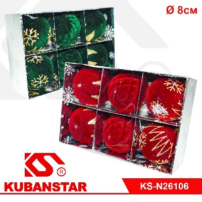 Набор елочных шаров бархат (диаметр 8 см, 6 штук) в картонной упаковке