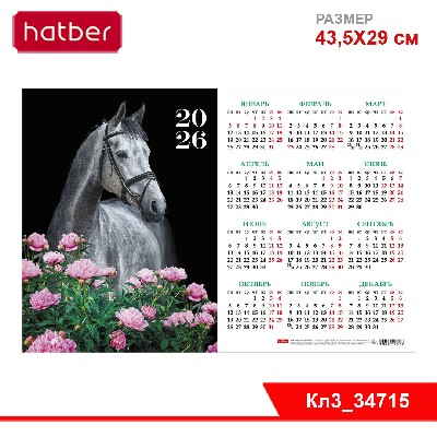 Календарь настенный листовой  А3ф 435X290мм на 2026г с укрупненной сеткой-Год Лошади-
